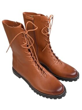 EUC J. Crew Leather Gwen Lace Up Lug Sole Mid-Calf Boots Brown Size 10